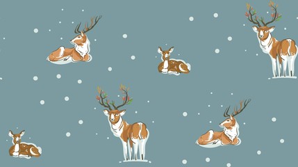 Hand drawn vector abstract fun Merry Christmas time cartoon illustrations seamless pattern with cute reindeer and deer family in snowy landscape isolated on blue background