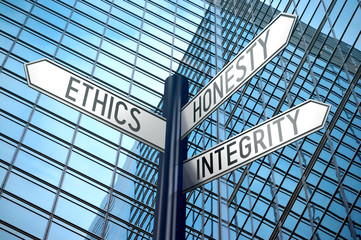 Code of ethics concept (ethics, honesty, integrity) - crossroads sign, office building