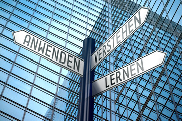 Anwenden, Verstehen, Lernen (German)/ use, understand, learn (English) - crossroads sign, office building