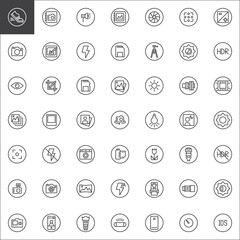 Universal photography elements line icons set; outline vector symbol collection; linear style pictogram pack. Signs; logo illustration. Set includes icons as photo camera; tripod; memory card; lens