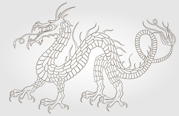 Contour illustration of a dragon, dark outline on a white background