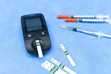 Small blood glucose meter, test strips, and insulin syringes for patients with diabetes mellitus 
