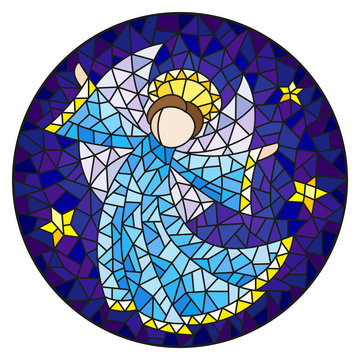 Illustration in stained glass style with an abstract angel in blue robe  , round picture