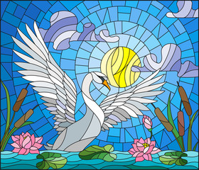 Obraz premium Illustration in stained glass style with Swan , Lotus flowers and reeds on a pond in the sun, sky and clouds