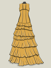 Yellow long evening dress with frills on a light gray background eps 10 illustration