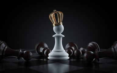 White King chess piece surrounded by fallen black pawn chess pieces. Pawn to become king. 3d render