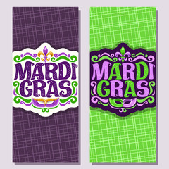 Vector vertical banners for Mardi Gras carnival, invite tickets with purple venetian mask, original font for festive text mardi gras on green, symbol fleur de lis, layouts for carnival in New Orleans. © mihmihmal