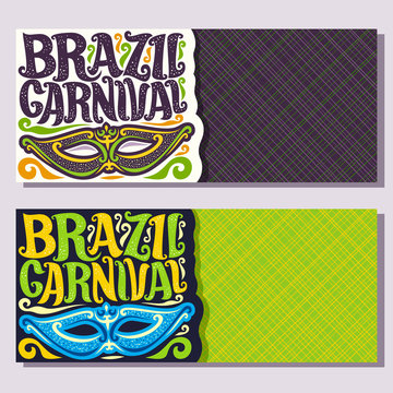 Vector banners for Brazil Carnival, invite tickets with purple brazilian mask, original font for festive text brazil carnival on green, colorful streamers, layouts for samba carnival in Rio de Janeiro