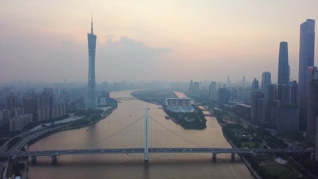 sunset sky guangzhou city canton tower liede bridge river island aerial panorama 4k china
