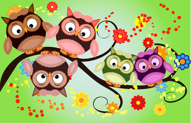 Bright cute cartoon owls sit on the flowering branches of fantastic trees