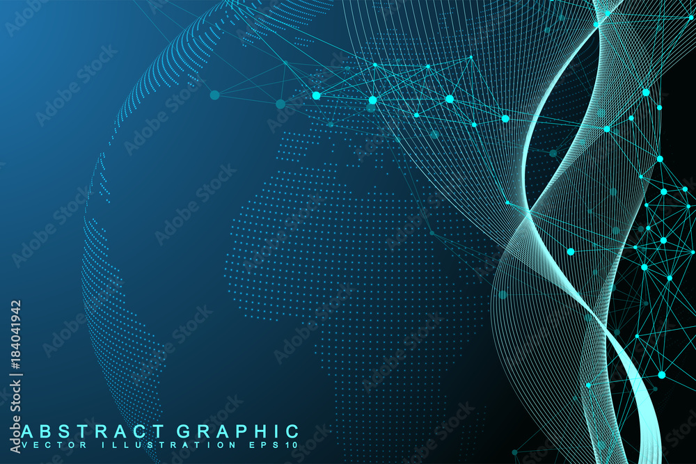 Poster Network and data exchange over planet earth in space. Virtual Graphic Background Communication with World Globe. Perspective backdrop of depth. Digital data visualization. Vector illustration