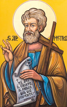 Pavia, Italy. November 16 2017. The icon of Saint Pater (Simon) in "Chiesa dei Santi Gervasio e Protasio Martiri" - The Church of  Saints Gervasius and Protasius in Pavia.