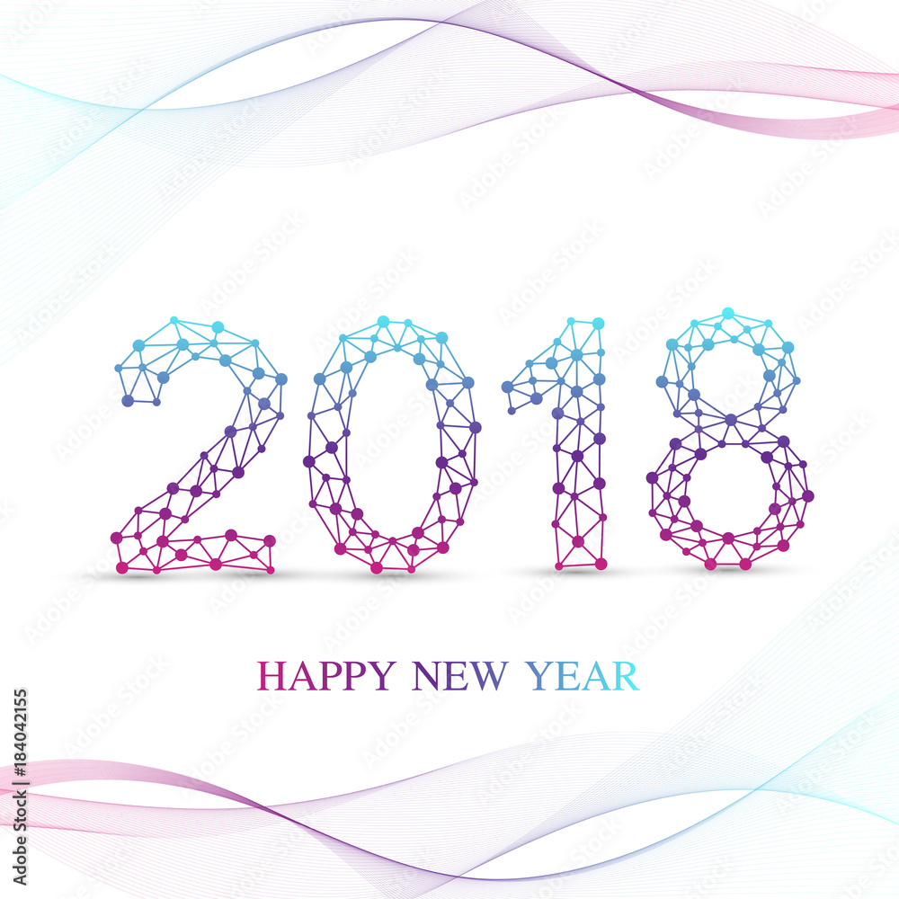 Poster happy new year 2018 colorful abstract design with waves, vector elements for calendar, greeting card