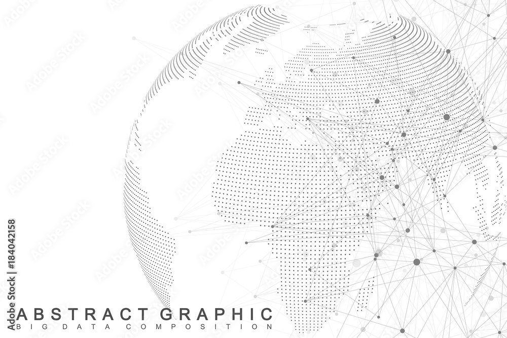 Poster Network and data exchange over planet earth in space. Virtual Graphic Background Communication with World Globe. Perspective backdrop of depth. Digital data visualization. Vector illustration