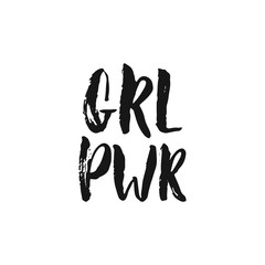 GRL PWR Girl power - hand drawn lettering phrase about feminism isolated on the white background. Fun brush ink inscription for photo overlays, greeting card or print, poster design.