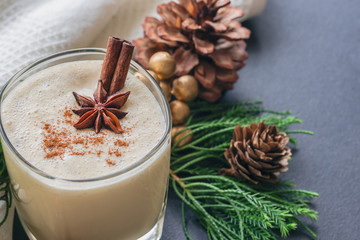 Eggnog, traditional drink for Christmas celebration party in glass topped with ground nutmeg and cinnamon stick, close up in top view with copy space. Concept to present Xmas delicious beverage.
