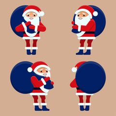 Cartoon Santa Claus figure with a bag. We see it on the right, left, front and back. Isolated background.