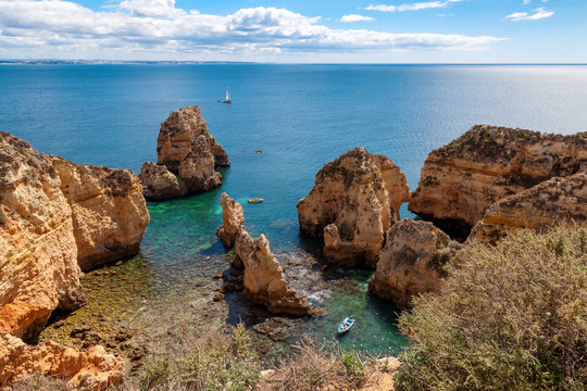 View of Ponta da Piedade. Rock formations along the coastline near Lagos, Algarve, Portugal