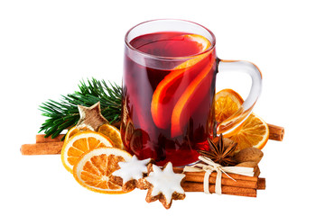 Christmas punch with spices on white. Cup of Mulled wine isolated on white with clipping path