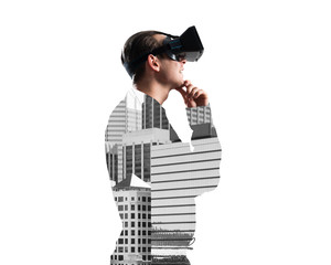Guy wearing checked shirt and virtual mask with hand on chin