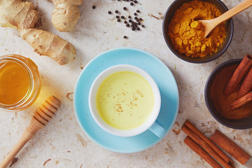 Delicious detox drink made of turmeric, ginger, milk, honey and cinnamon.