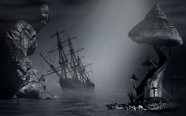 Fototapeta premium Foggy landscape and shipwreck