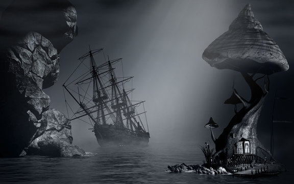 Foggy landscape and shipwreck