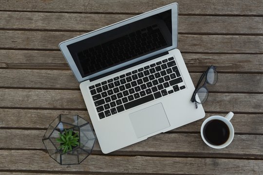 Laptop, spectacles, black coffee and pot plant on wooden plank