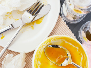 Top view of Empty and dirty dish