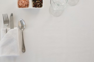 Fork, butter knife and spoon in napkin