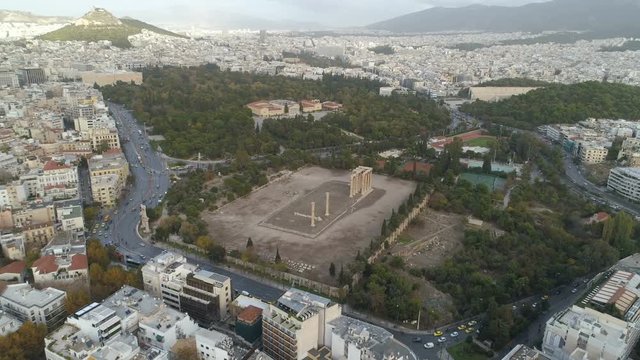 aerial view of Temple of Zeus at Olympia in Athens and modern part of the city