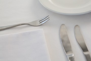 Cutlery with napkin arranged on white background