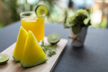 Watermelon juice with yellow pulp with lime