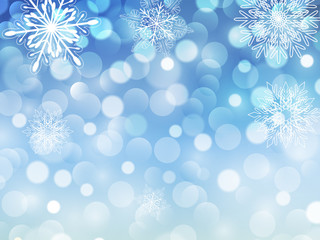 New year background blue glitering bokeh lights and snowflakes, 