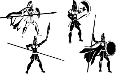 Vector set of  monochrome colored ancient macedonian warriors. Characters with weapons in different poses