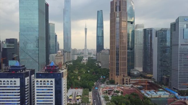 day time storm sky guangzhou city downtown district aerial panorama 4k china

