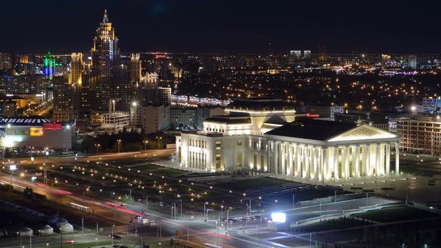 State opera and ballet theatre with residential building timelapse. Astana, Kazakhstan