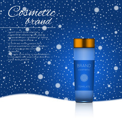 Vector 3D cosmetic illustration on a winter snowing background. Beauty realistic cosmetic product design template.