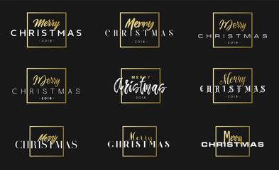 Set of Merry Christmas phrase in frame. Luxury black and golden color background. Premium vector illustration with typographic text set for winter holidays card poster, flyer or banner template