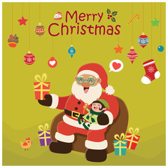 Vintage Christmas poster design with vector snowman, Santa Claus characters.