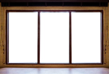 Wooden window frames with desk, isolated on white background