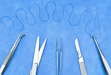 Basic surgical instruments on the sterilized wrap