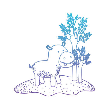 hippopotamus cartoon in forest next to the trees in degraded blue to purple color silhouette vector illustration