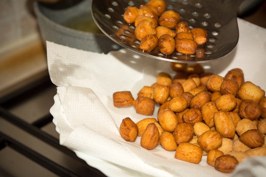 Close Up Of An Italian Traditional Fried Food Called Strufoli