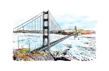 Naklejki  Akwarela splash ze szkicem Golden Gate, San Francisco, Kalifornia, USA. w ilustracji wektorowych.