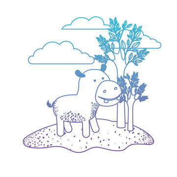hippopotamus cartoon in outdoor scene with trees and clouds in degraded blue to purple color silhouette vector illustration