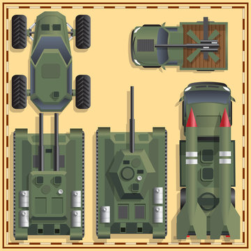 A set of military equipment. View from above. Vector illustration.