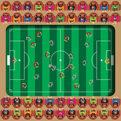 Football. Players with ball. View from above. The attendance spectators. Vector illustration.