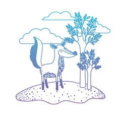 fox cartoon in outdoor scene with trees and clouds in degraded blue to purple color silhouette vector illustration