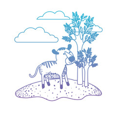 tiger cartoon in outdoor scene with trees and clouds in degraded blue to purple color silhouette vector illustration